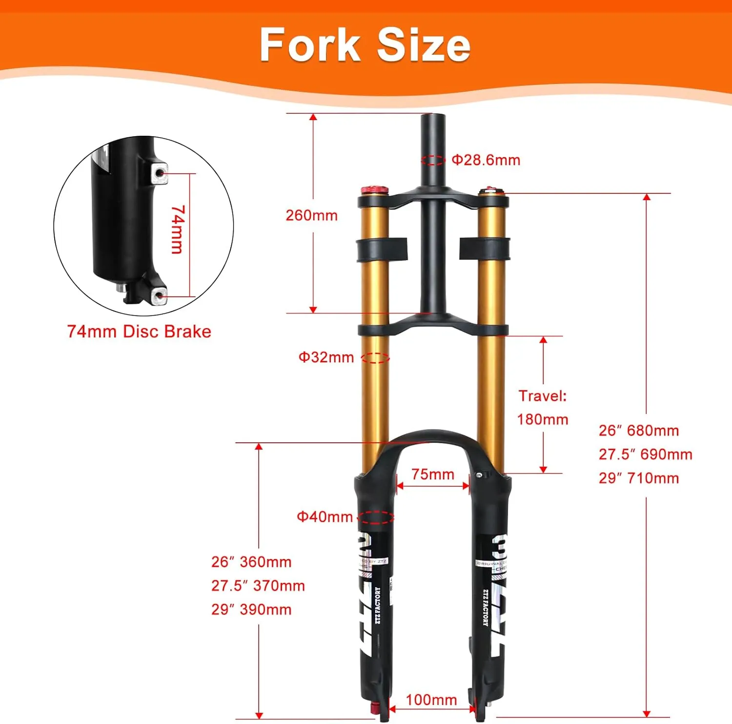 ZTZ 26/27.5/29 inch Mountain Bike Air Suspension Fork,Rebound Adjustment,180mm Travel,QR 9x100mm, 1-1/8 Straight Steerer, Ultralight Double Shoulder Design Front Fork for XC/AM MTB