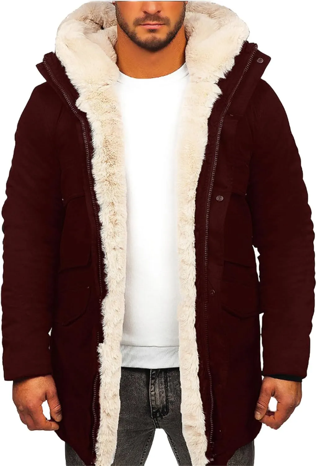 ZWRXW Mens Winter Coat Warm Thick Fleece Lined Parka Long Trench Jacket Hood Outdoor Over Coat Plus Size with Pocket